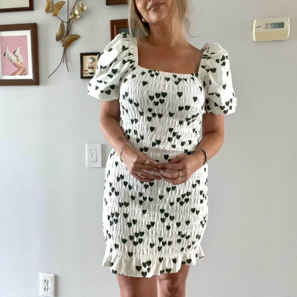 White and Green Heart Print Dress